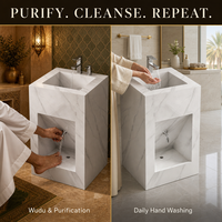 Station de Wudu en pierre frittée blanche sur mesure avec lavabo intégré pour les ablutions islamiques, design moderne pour mosquée