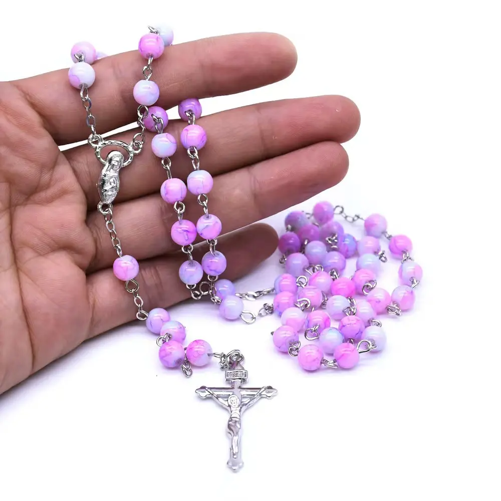 Commercio all'ingrosso cattolico cristiano rosario braccialetto di perline di legno auto appeso vergine maria braccialetto croce di vetro di pino