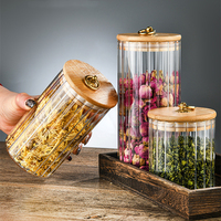 Pot à épices rond en verre borosilicate transparent à rayures avec couvercle en bambou sérigraphié pour chocolat, bonbons et assaisonnements