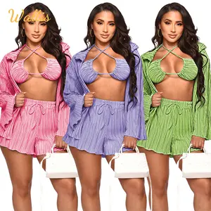 Sexy Long Sleeve Shirts 3 Pieces Solid Pleated Suits Female Fashion Straight Bikini Cardigan Outfits Bra And Biker Shorts Set