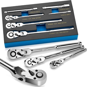Jeu de clés à cliquet à tête flexible 6 pièces, entraînement 1/4 ", 3/8 ", 1/2 ", clé à cliquet à tête pivotante avec barre d'extension, 72 dents, 180° °   Ajustable - Product Image 1