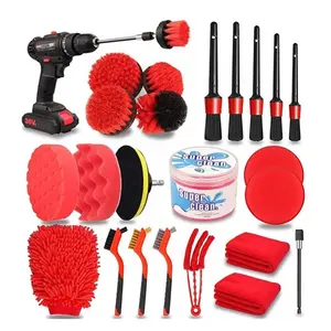 Almohadilla de espuma de esponja para pulir, Juego de cepillos para detalles de coche, toallas de limpieza, herramientas, productos, cuidado y limpieza del coche, color rojo, 26 Uds.