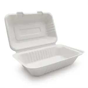 Compostable 9x6 "קמצוף מכולות מזון חד-פעמי קנה סוכר bagasse-ידידותי לסביבה takeout ללכת תיבה