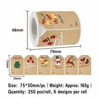 Étiquettes autocollantes en papier kraft de Noël, 6 motifs, étiquettes d'emballage cadeau pour les fêtes (250 PCS/rouleau)