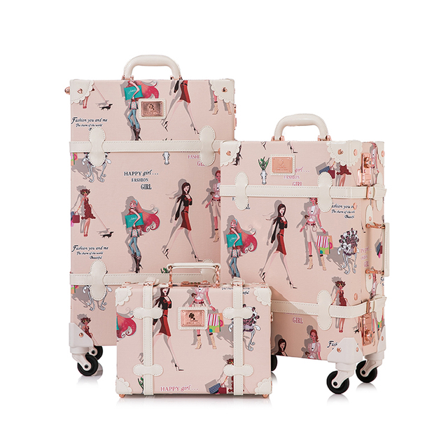 Luxury Cute Vintage Trunk Luggage Set Retro Suitcase With Spinner Wheels for Men and Women 3-Piece Fashion Bag