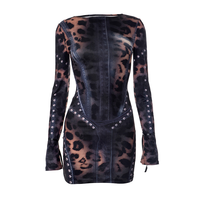 Robe Mini Moulante Décontractée Y2K Sexy pour Femme, Col Rond, Imprimé Léopard Denim, Manches Longues Effet Clouté, Style Corset, Vente en Gros ODM Personnalisée
