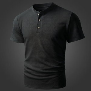 Men's Black Waffle Knit Henley T-<b>Shirt</b> <b>Slim</b> <b>Fit</b> Short Sleeve Casual Solid Color O-Neck Top - Product Image 3