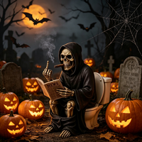 Vente directe usine : Figurine en résine amusante de squelette Grim Reaper assis sur les toilettes en lisant un journal – Statue de squelette