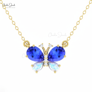 สร้อยคอผีเสื้อทองคำ 14K ดีไซน์ล่าสุดปี 2024 ประดับด้วยแทนซาไนต์ธรรมชาติ มูนสโตนสีรุ้ง และเพชรแท้ ของขวัญแต่งงานสุดน่ารัก - Product Image 1