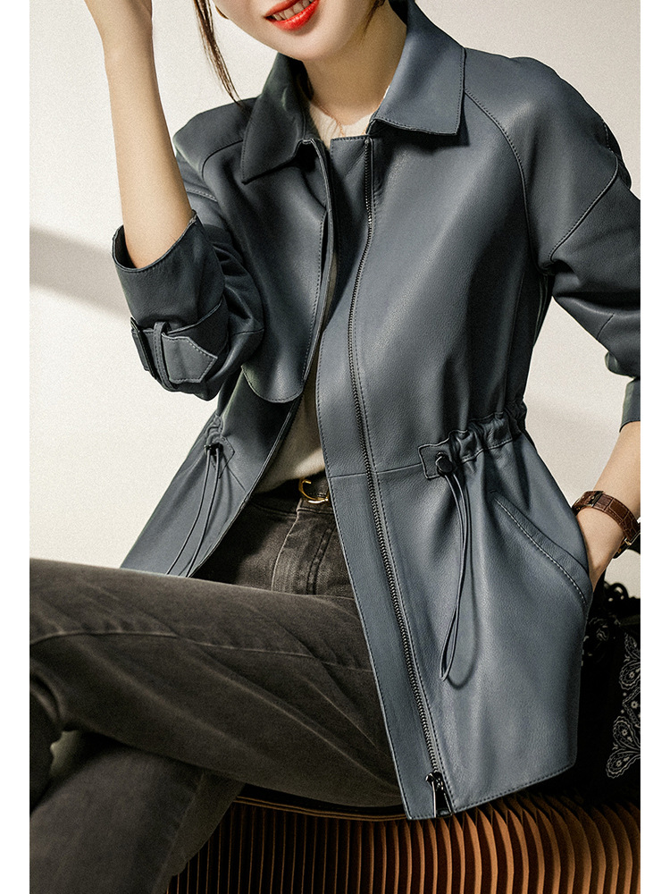 2022 New Autumn Sheepskin Square Collar Fashion Drawstring Leather Jacket Women's