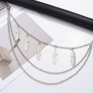 จี้ขนนก สายโซ่คาดเอวโลหะสามชั้น สีเงินทิเบต สไตล์ฮิปฮอปสตรีทลำลอง สายโซ่คล้องตัวแบบยูนิเซ็กส์ - Product Image 4