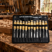 Ensemble de 12 ciseaux à bois avec manche en bois, kit d'outils de sculpture manuelle pour le travail du bois avec sac de transport