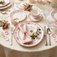 Ensemble d'assiettes en céramique rouge à motifs floraux vintage, vente en gros, vaisselle en porcelaine décorée style shabby chic pour mariages, restaurants, banquets, vente au détail