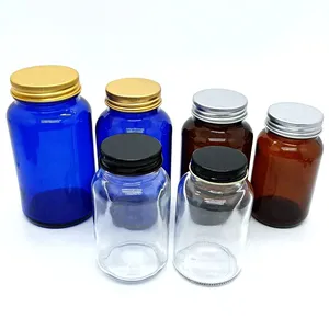 Garrafa de vidro âmbar para comprimidos de vitamina, embalagem de 60ml, 100ml, 120ml, 150ml, 200ml, 250ml, boca larga, com tampa de madeira e bambu