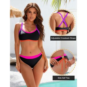 Ensemble bikini femme color block, maillot de bain deux pièces à bretelles larges, push-up, avec bordure contrastante - Product Image 4