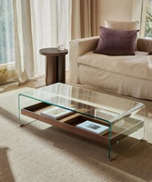 Table basse moderne avec plateau en verre trempé et étagère en MDF plaqué noyer, design à un niveau, pour salon