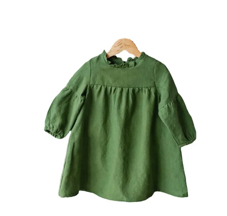 Children Dresses Wholesale Ins European and American Girls Cotton and Linen Solid-color Dress with Ruffle Collar Long Sleeves
