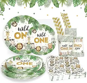 New jungle animal wild one themed party disposable tableware set paper cups plates tablecloths banners birthday party decoration