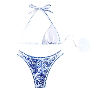 Blue and white porcelain floral print sports <b>bikini</b> backless swimsuit <b>set</b> - Product Image 5