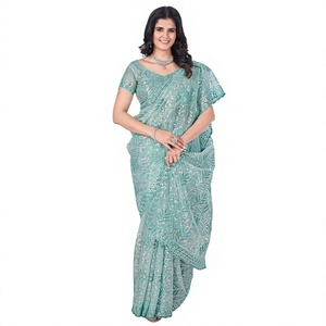 Sari de Seda Bordado Azul Cielo para Mujer, Estilo Tradicional Indio-Pakistaní, Largo hasta el Suelo, para Bodas, Ajuste Regular, Elástico - Product Image 1