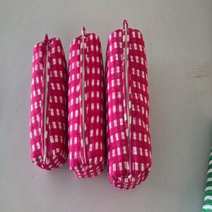 BLOCKPRINT ART Pink and white square Quilted 100% Cotton Foldable Multifunction <b>Toiletry</b> & Makeup Bag Set of 3 Eco-Friendly - Product Image 2