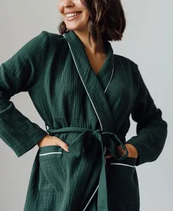 ODM/OEM Hotel coppia inverno spugna accappatoio puro cotone sottile Logo anteriore da uomo camicia da notte da donna lunga traspirante - Product Image 1