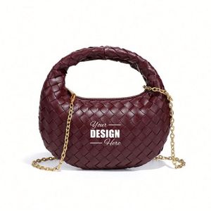 Custom Burgundy Crescent Handbag with Woven <b>Texture</b>, Gold Chain Strap, and Rounded Handle - Modern & Versatile Accessory - Product Image 1