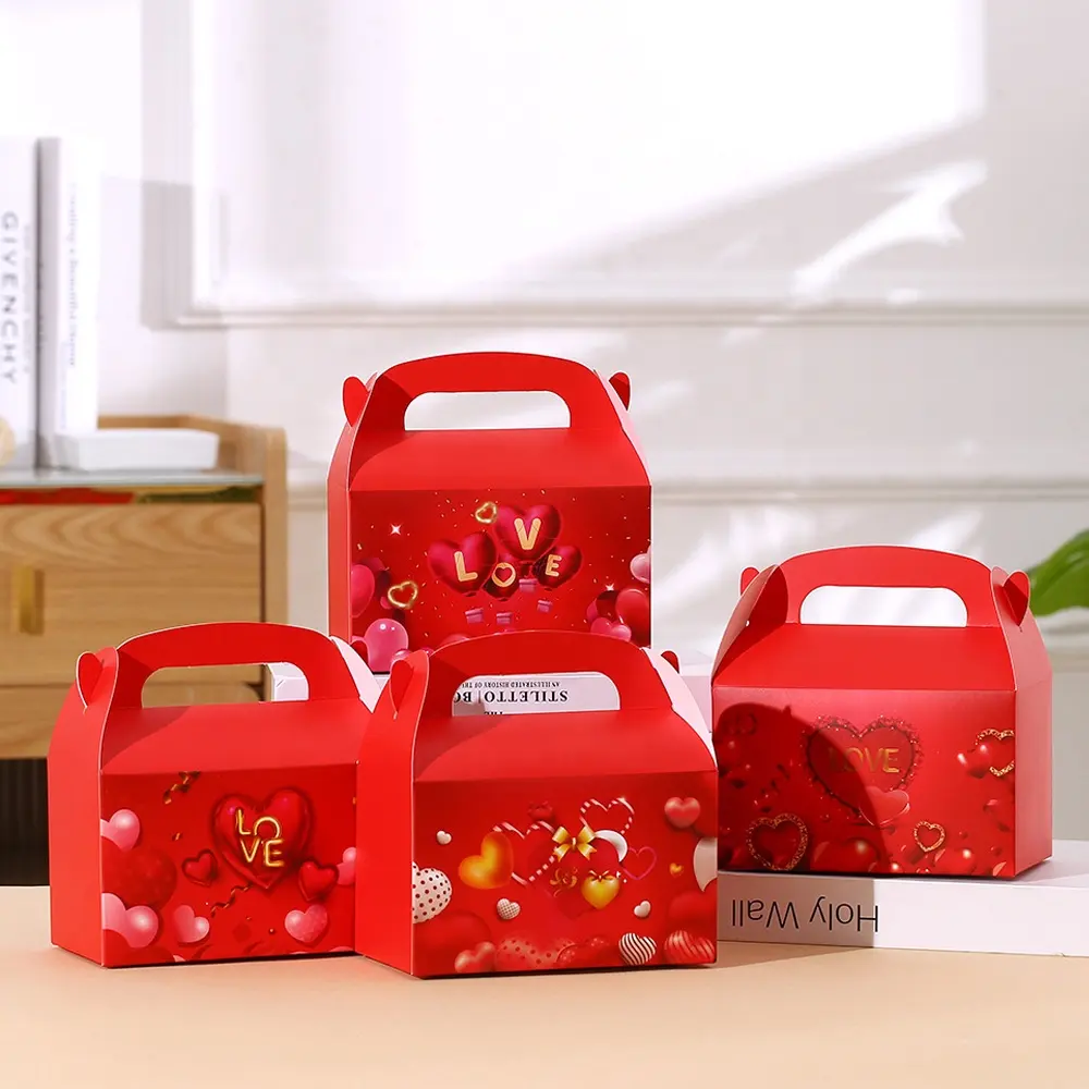 Aşk kalp temalı kırmızı kağıt kek çerez tatlı sevgililer günü partisi dekor için ambalaj kutusu kolu kutuları