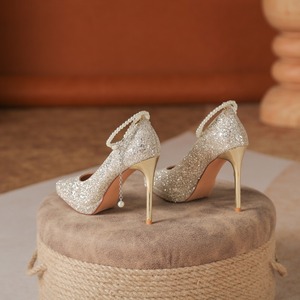 Zapatos de tacón de aguja con purpurina y punta en pico, con correa de perlas en el tobillo, tacón súper alto, para novias, bodas y fiestas. - Product Image 4