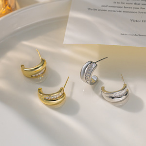 Pendientes de oro con circonita en forma de medio círculo para mujer, diseño geométrico de moda, joyería de regalo EDB 041 - Product Image 3