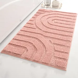 YFL Pink Fluffy Soft Plush Stripe Shower Carpet Quick Dry Microfiber Tufted Bath Rug Non Slip Bath Mats