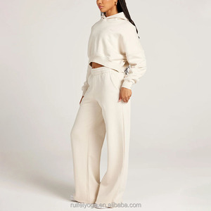 Alta qualità stampa dello schermo in pile di cotone 2 pezzi <span class=keywords><strong>tuta</strong></span> abiti da donna <span class=keywords><strong>tuta</strong></span> a gamba larga <span class=keywords><strong>pantaloni</strong></span> <span class=keywords><strong>della</strong></span> <span class=keywords><strong>tuta</strong></span> e Set di felpa corta con cappuccio - Product Image 2