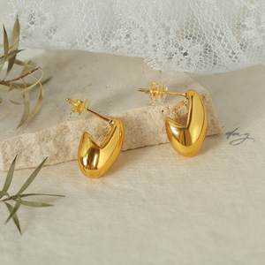 Gold Plated Stud <b>Earrings</b> Geometric Bean Shape 18K Color Preserving Women's Fashion Jewelry Autumn Winter Simple Elegant - Product Image 1