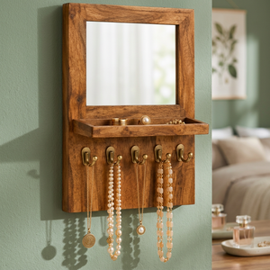 Aqdus Saleem MGC-050 Organizador de Joyas de Pared Moderno de Mediados de Siglo, de Madera de Mango, con Espejo y Ganchos de Acero Inoxidable, para Sala de Estar - Product Image 2