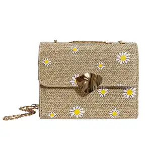 Summer Beach Cute Embroidery Daisy Little Girl Small Square Purse Elegant Straw Woven Portable Chain Shoulder Crossbody Bag