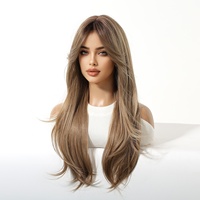 Nouvelle perruque complète pour femme, marron, en fibres synthétiques résistantes à la chaleur, boucles volumineuses superposées, avec frange, pour l'export.
