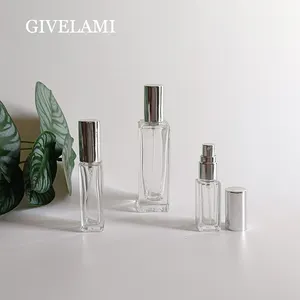 Yüksek kalite 5ml 10ml 30ml kare şekli şeffaf şeffaf doldurulabilir cam parfüm şişesi gümüş sprey pompası kapağı