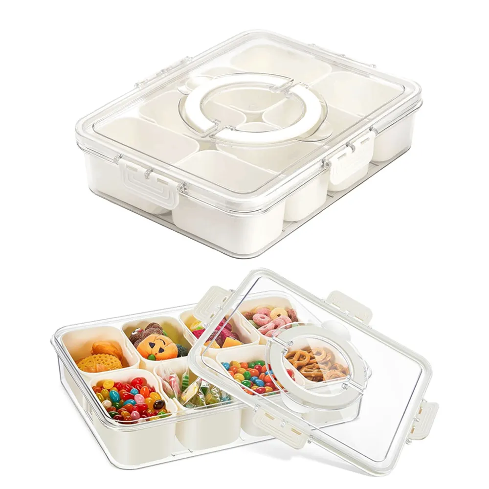 Contenedor de Plástico Portátil para Almacenamiento de Especias, Caja de Snackle, Bandeja Transparente Dividida con Tapa y Mango