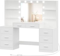 Commode avec miroir et lumière, commode avec multiprise, grand tiroir et six commodes de rangement ouvertes