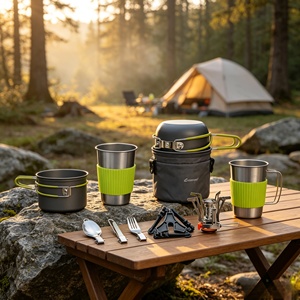 <span class=keywords><strong>Set</strong></span> da Cucina Portatile per Campeggio, Fornello a Gas Pieghevole con Pentola, Kit per Picnic e Cucina all'Aperto per 1-2 Persone - Product Image 1