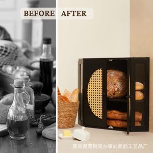 Dingyun <b>Black</b> Wooden Bread Cabinet With Rattan Door <b>Storage</b> <b>Unit</b> For Kitchen Use - Product Image 4