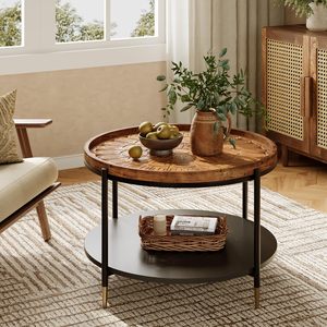 Tavolino da Caffè Rotondo in Legno Massello da 31,5 Pollici, Tavolo Centrale Boho con Struttura in Metallo e Motivo Floreale Intagliato a Mano - Product Image 3