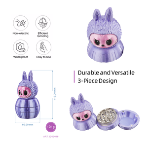 เครื่องบดสมุนไพรแบบ 3 มิติ รุ่น Labubu สีม่วง รูปทรงกระต่าย ทำจากพลาสติกทรงกลม สำหรับสมุนไพรแห้ง พร้อมโลโก้ รับผลิตแบบ OEM ODM - Product Image 6
