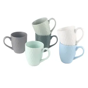 Wholesale color glazed 385ml embossed mugs diamond coffee cup ceramic mug