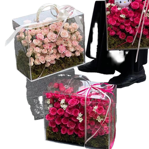 Luxury Acrylic Gift Box with Handle Transparent Square Rectangle Heart Rose Flower Display Box for Valentine's Day