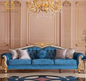 foshan furniture market European fabric sofa 3 seater luxury Blue Velvet sofa set elegant sofa set