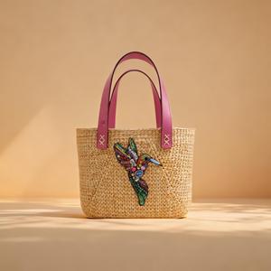 Bolso Tote Hecho a Mano de Jacinto de Agua con Colibrí de Cuentas, Bolso de Verano de Paja Tejida, Bolso Boho Ecológico para Mujer - Product Image 6