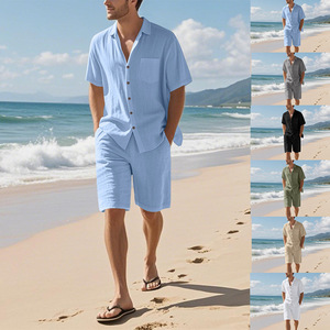 Men's Breathable Casual Solid 2 Piece <strong>Linen</strong> Sets Summer Beach Outfits Short Sleeve Button Shirt Drawstring Loose Shorts <strong>Suit</strong> Set - Product Image 2