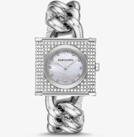 Jam Tangan Wanita MAROSERTO Logo Kustom, Jam Tangan Rantai Mini Lock Pavé Stainless Steel Warna Perak untuk Wanita