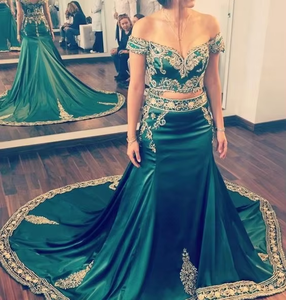 ATIYA LIBAS hombro elegante verde real Dubai Top largo Trail Lehenga Choli vestido pesado Zardozi bordado acetato boda - Product Image 6